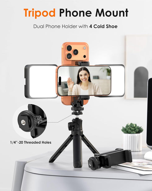 JDHDL 4 1/4" 360 180 Tripod Phone Mount, Dual Phone Holder with Cold Shoe and Screw, Rotates and Tilts Adjustable Cold