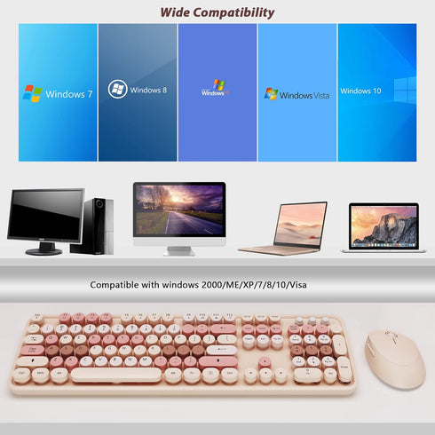 KOOTOP Wireless Keyboard and Mouse, 2.4G Cute Keyboard with Retro Round Keycap for PC, Mac, Laptop, Tablet (Milk Tea)
