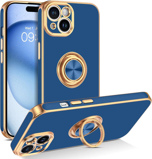 BENTOBEN Slim Fit 360° Ring Holder Case for iPhone 15, Shockproof Kickstand Magnetic Car Mount Supported, Navy Blue