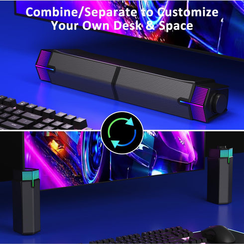 Jeecoo M20 Bluetooth Computer Speakers for PC Desktop Monitor, Gaming PC Sound Bar - Wired USB-Powered, Superb Stereo Sound, with Gradient LED Lighting - Combine/Separate to Customize Your Desk