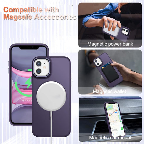 iPhone 11 Case: Matte Magnetic with 1 Screen Protector, Compatible with MagSafe, Translucent Frosted Slim Cover - Purple