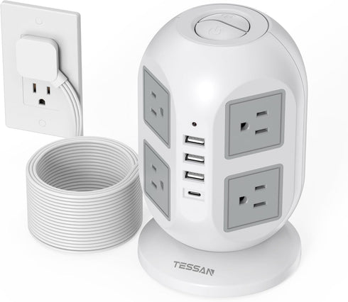 Tower Surge Protector Power Strip, 15 ft Long Flat Extension Cord with 8 AC Outlets and 4 USB Ports