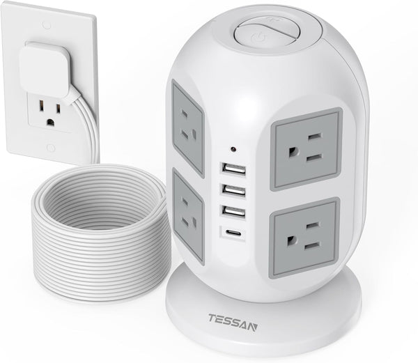 Tower Surge Protector Power Strip, 15 ft Long Flat Extension Cord with 8 AC Outlets and 4 USB Ports