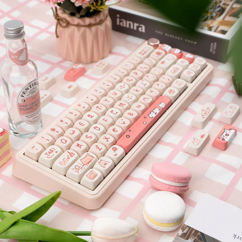 PBT Keycaps, 139 Cute MOA Dye-Sublimation Set for 61/64/68/84/87/100/104/108 Cherry MX Mechanical Keyboard (Pink Cat)