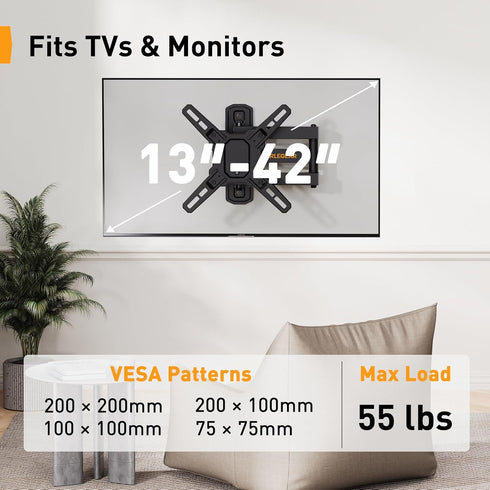 Perlegear Full Motion TV Wall Mount for 13-42 inch Flat or Curved TVs & Monitors up to 55 lbs, Wall Mount TV Bracket with Articulating Arm, Swivel, Tilt, Extension TV Mount, Max VESA 200x200mm, PGSF6