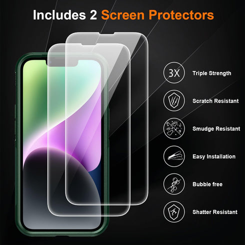 Ezanmull iPhone 14 Case - Dark Green, Full-Body, Shockproof & Dropproof + 2 Tempered Glass & Camera Lens Protectors.