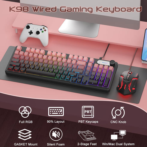 BlueFinger 98 RGB Gaming Keyboard, Keys USB Wired Keyboard with Rainbow Backlit, Volume Knob & Screen, Quiet Typing