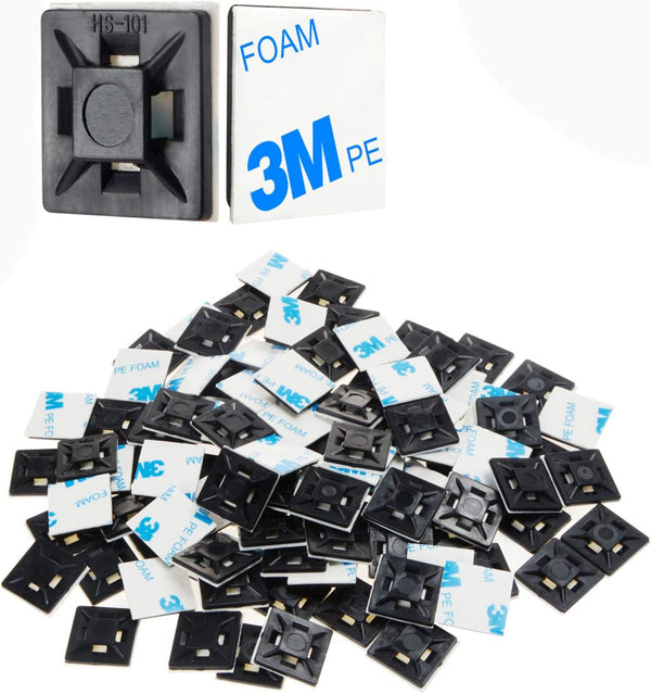 XHF 100 PCS 1.1" Black Self Adhesive Cable Zip Tie Mounts for Wire Management and Organization
