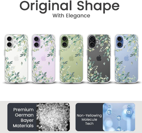 KEXAAR 17 2025 6.3", 17 Compatible with iPhone Case, Clear Floral Flower Green Leaves Tree Shockproof Protective Bumper