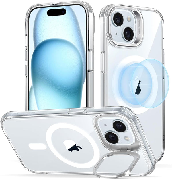 ESR Military-Grade Protective Case for iPhone 15 Plus, Clear Back Cover with Built-in Stash Stand, Compatible with