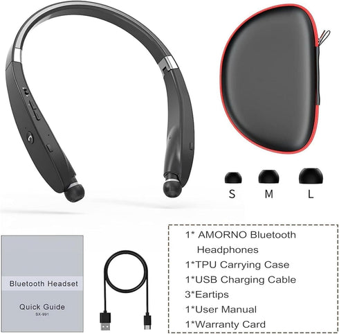 AMORNO Foldable Bluetooth Headphones, Wireless Neckband Headset with Retractable Earbuds, Sweatproof Noise Cancelling