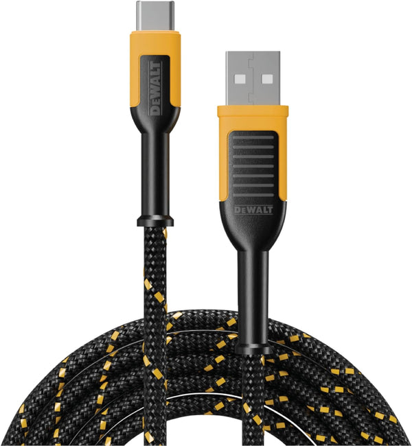 DEWALT 10 ft Type C to USB Cable Fast Charging USB-C to USB-A, Reinforced Braided Cable for durability.
