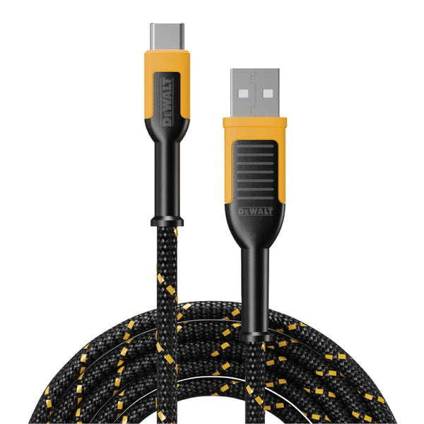 DEWALT 6 ft Type C to USB Cable Fast Charging USB-C to USB-A, Reinforced Braided Cord for durability.