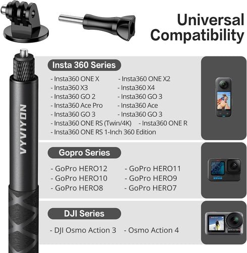 VYVIYON 114cm Stick,1/4" Insta360 X4 X5 Invisible Selfie Extended Monopod Pole with Adapter Compatiable with Sports