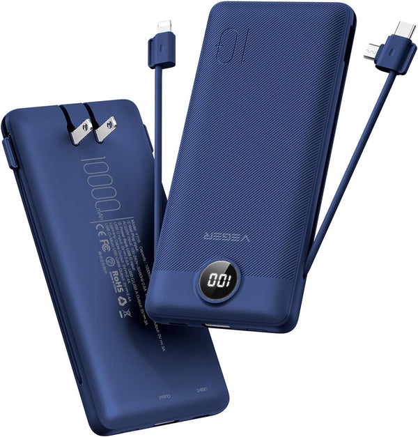 VEGER Portable Charger for iPhone with Built-in Cables and Wall Plug, 10000mAh Slim Fast Charging Power Bank