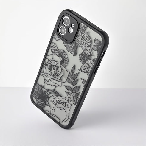 Dumkery 11 Cute Flower Case Compatible with iPhone Case, Rose Aesthetic Black Line Art Floral Pattern Print, Slim Fit