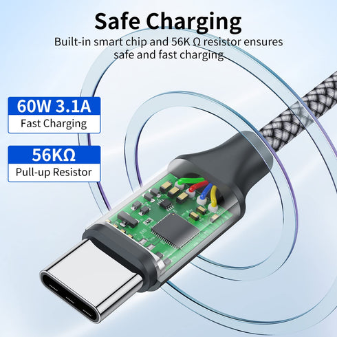 USB C to C Cable 3 Pack (1ft) - Fast Charging Nylon Braided Charger for iPhone 15, Samsung Galaxy S24, MacBook Pro.