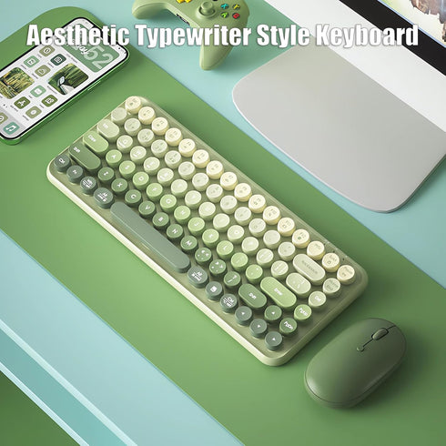 Typewriter Keyboard Wireless 2.4GHz/Bluetooth/USB-C, Rechargeable Membrane Gaming Keyboard, Matcha Green