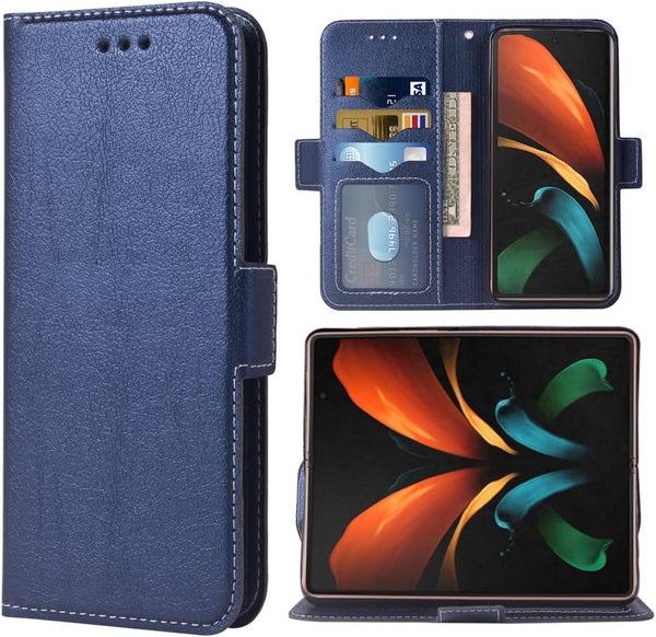 Samsung Galaxy Z Fold 2 5G 2020 Wallet Case, Blue, Leather Flip Card Holder, Wrist Strap Lanyard, Cell Accessories for