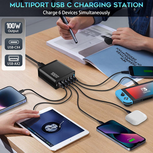 Fast USB C Charging Station, 100W 6-Port Charger Block with 4 USB-C and 2 USB-A Ports for iPhone, iPad, Galaxy