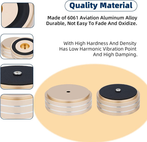 Monosaudio Turntable Isolation Feet Aluminum Speaker Feet 58*22MM with 3M Adhesives/Non-Slip Rubber Ring/M4 Screw Isolation Feet for Audio Equipment,Speakers,Subwoofers, Turntable,Amplifier,DAC(Gold)