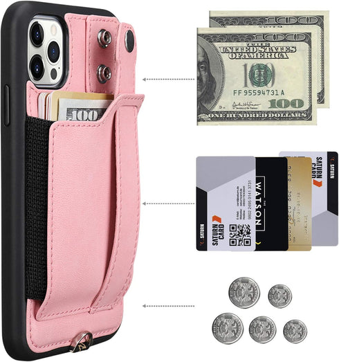 TOOVREN Wallet Case for iPhone 12 Pro Max - Lanyard Case with Leather PU Card Holder, Adjustable Detachable Neck Strap