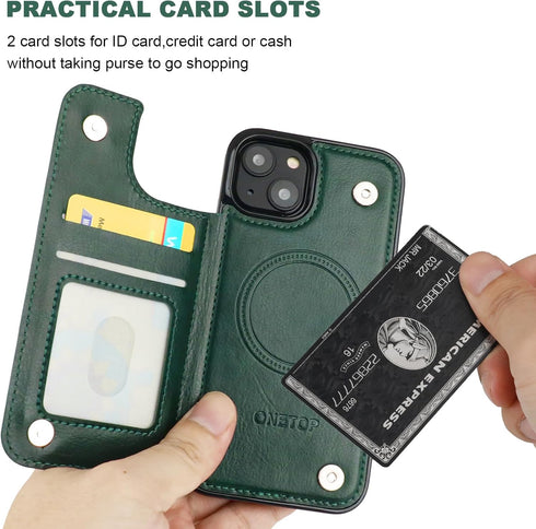 OT ONETOP 13 6.1 Inch ONETOP Compatible with Magsafe for iPhone Wallet Case with Card Holder, PU Leather Kickstand RFID