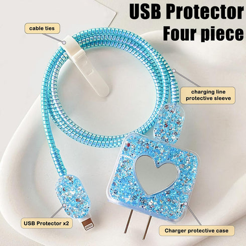 Bling DIY Cable Protector for iPhone Power Adapter, Cute Sparkle Love Heart Design, USB Case Wire Cable Saver (Blue)