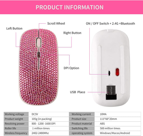 Bling Dazzling Bluetooth Mouse, 2.4GHz Rechargeable Wireless Slim Mouse with USB Receiver, Great Gift for Her