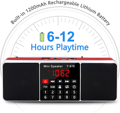 Multifunction Digital FM Radio Media Speaker by LEFON, MP3 Music Player with LED Screen, Red