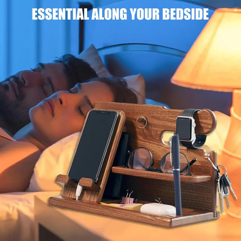 LNBEI Wood Phone Docking Station for Men, Simple and Elegant Nightstand Organizer, Multifunctional Desk Organizers