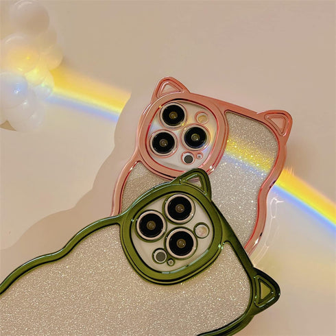 Cute Cat Ears iPhone 11 Case for Women/Girls, Green Glitter Bling, Shockproof, Anti-Scratch, Curly Wave Design.