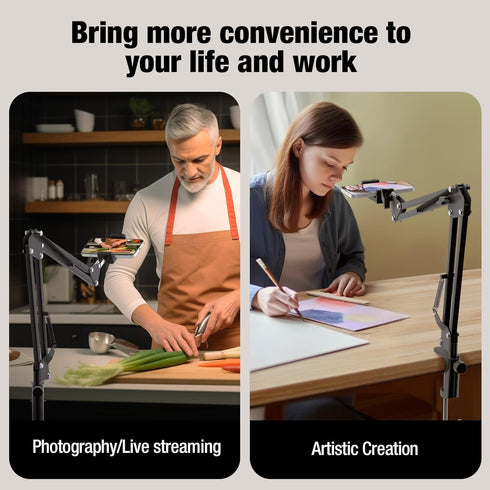 Overhead Phone Mount, Articulating Arm Cell Phone Holder with USB LED Light for Live Streaming, Video Recording