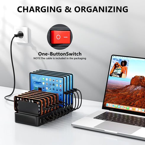 nongxiang 10-Port 100W 10 USB C Charging Station for Multiple Devices, Charging Dock, with Adjustable Dividers, USB-C