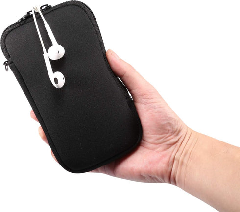 Neoprene Small Cell Phone Sleeve, Zip Wallet Pouch with Neck Strap for iPhone 16, 15, 14 Pro, 13, 12 Pro, 11 Pro (Black)