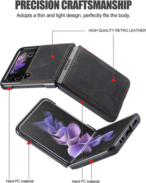 Samsung Galaxy Z Flip 3 5G Case - Galaxy Z Flip 3 Leather Phone Case with Hard Shockproof Back Cover Slim Durable