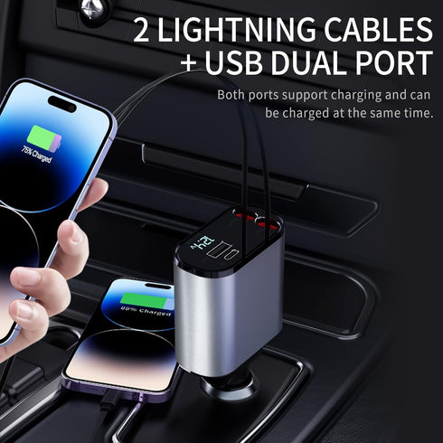 Retractable Car Charger, 4 in 1 60W with 2.6Ft Cables and 2 USB Ports, Compatible with iPhone 16/15/14/13/12/11