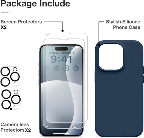GONEZ iPhone 14 Pro Case - Dark Blue, Shockproof Liquid Silicone, Soft Anti-Scratch Lining + 2 Screen & Camera
