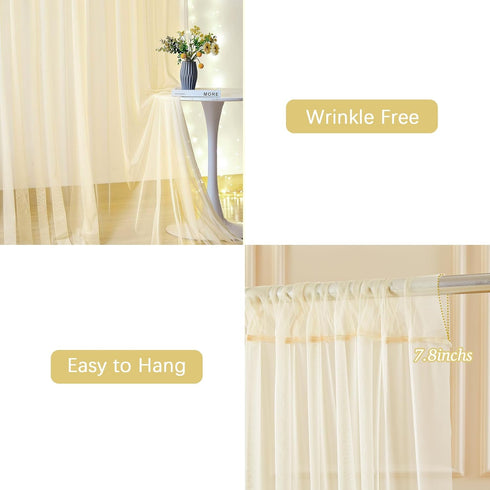 Tao-Ge 10ft 10ft x Champagne Sheer Tulle Backdrop Curtains with Lights String for Party Wedding Wrinkle Free Curtain