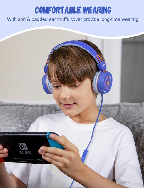 New bee Kids Headphones for School with Microphone KH20 HD Stereo Safe Volume Limited 85dB/94dB Foldable Lightweight On-Ear Headphone for boy Mac/Android/Kindle/Tablet/Pad(Royal Blue)