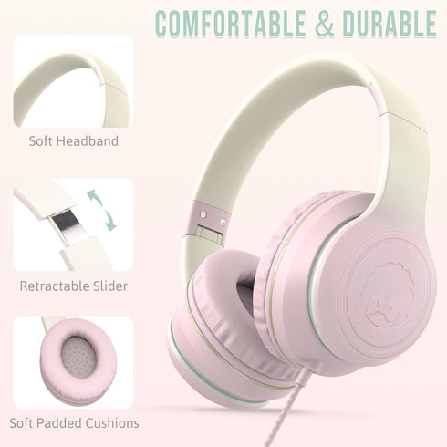 rockpapa L22 Wired Headphones for Kids Girls Boys Women with Microphone, Foldable Stereo 3.5mm Corded Headphones for School Classroom Chromebooks Computer Laptop Phone Airplane (Pink)