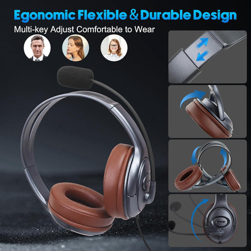 USB-C Over-Ear Noise-Canceling Headphones with Microphone & Volume Control, Long Cord for Laptops and Mobiles
