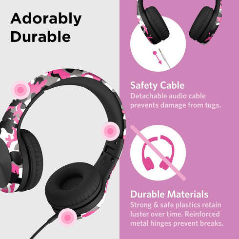 LilGadgets Connect+ Pro Wired Kids Headphones for School, Volume Limiting & Noise Cancelling - Pink Camo
