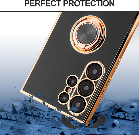 Samsung Galaxy S24 Ultra Shockproof Case, Slim Soft Protective Cover with 360° Rotatable Ring Holder, Black, Rose Gold
