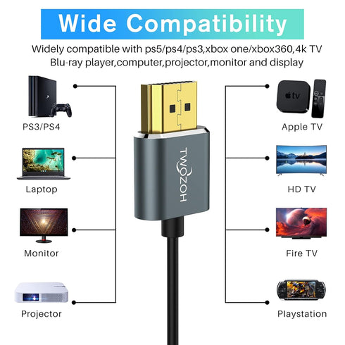 Twozoh 25FT 2 Pack, 4K@60Hz 18gbps 2160P/1080P Flexible & Slim Long HDMI Cable Ultra Thin HDMI Cord Supports High Speed