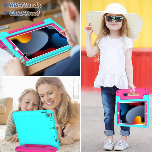 LTROP Kids Case for iPad 9th/8th/7th Generation - Turquoise and Rose Handle Stand Case for 10.2 iPad