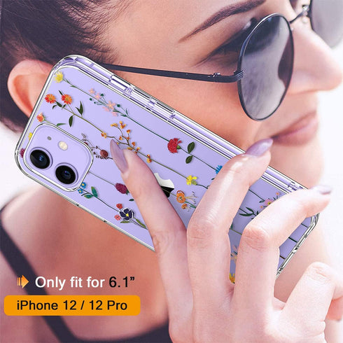 GiiKa iPhone 12 Case with Screen Protector, Clear Floral Shockproof Hard Case with TPU Bumper for iPhone 12