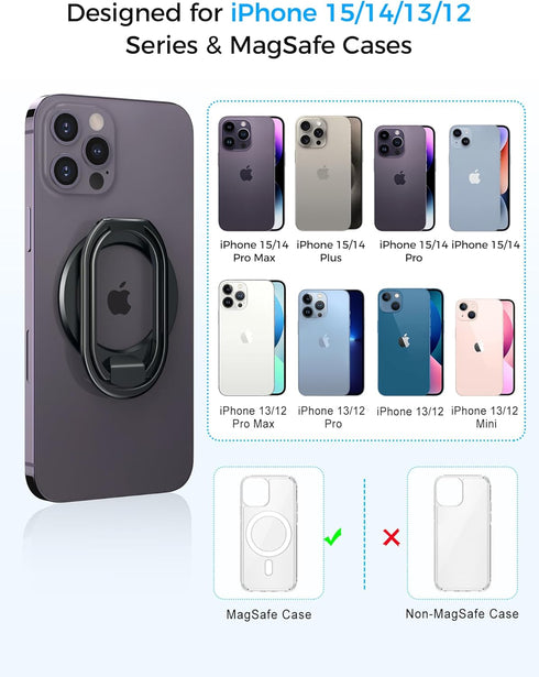 ?2024 Upgraded? Mag Safe Phone Ring Holder, SUPERONE Adjustable Magnetic Kickstand & Removable Phone Grip Compatible with Wireless Charging Only for iPhone 15 & 14 & 13 & 12 Series - Black
