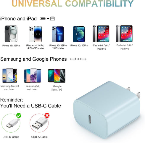 iPhone 16 Charger Block, 20W Fast Charging USB C Wall Power Adapter Cube for iPhone, iPad, Samsung - Blue