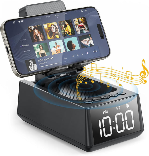 Deeyaple 3 in 1 Wireless Bluetooth Speaker with Loud Alarm Clock, Cell Phone Stand, 12H Display Mic for Men/Women Gift